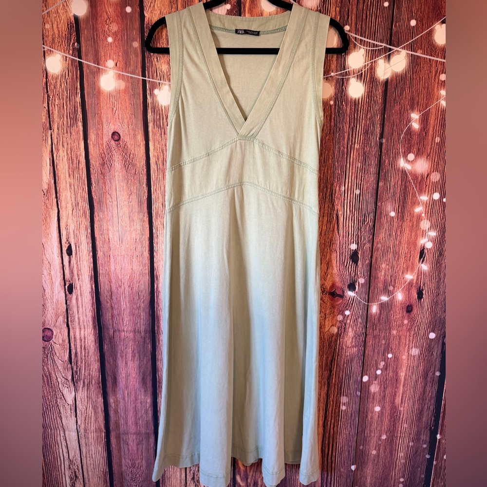 Zara Mint Green  V-Neck Maxi Dress 100% Cotton